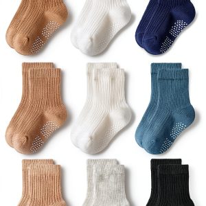 Toddler Non Slip Cotton Crew Socks 9 Pairs Baby Boys Anti Slip Dots-0